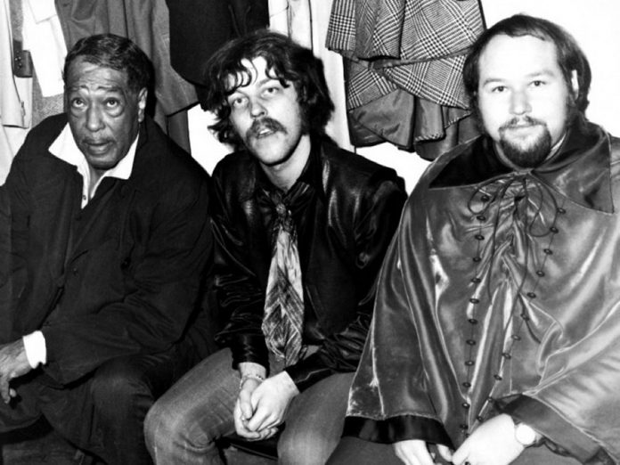 Lighthouse founding members Skip Prokop (centre) and Paul Hoffert (right) with jazz legend Duke Ellington in the Green Room before the first Lighthouse concert at The Rockpile in Toronto on May 14, 1969. The Duke introduced the band, starting with "I'm beginning to see the Light ... house". (Photo courtesy of Hoffert Communications)