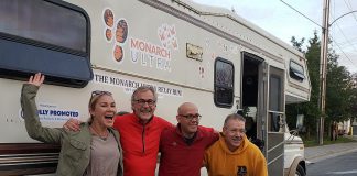 The Monarch Ultra team beside their RV: co-founder, project director, and pollinator advocate Carlotta James; chef Guenther Schubert, who will feed the team; filmmaker Rodney Fuentes, who will document the run; and race director Clay Williams. On September 19, 2019, the team left Peterborough to accompany the runners on their 4,300-kilometre trip to the Sierra Madre Mountains in Mexico. The run, which follows the annual migration journey of the monarch butterfly, will raise awareness of the plight of the threatened pollinator. (Photo: Jeannine Taylor / kawarthaNOW.com)