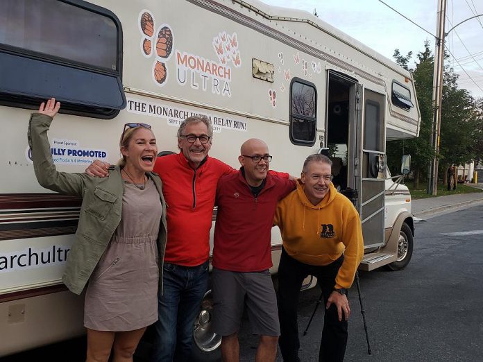 The Monarch Ultra team beside their RV: co-founder, project director, and pollinator advocate Carlotta James; chef Guenther Schubert, who will feed the team; filmmaker Rodney Fuentes, who will document the run; and race director Clay Williams. On September 19, 2019, the team left Peterborough to accompany the runners on their 4,300-kilometre trip to the Sierra Madre Mountains in Mexico. The run, which follows the annual migration journey of the monarch butterfly, will raise awareness of the plight of the threatened pollinator. (Photo: Jeannine Taylor / kawarthaNOW.com)