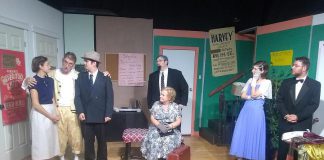 The cast of Lindsay Little Theatre's production of "Moon Over Buffalo" (left to right): Kaitlyn Thiodeau, Michael Chapman, Colin Dusome, Jeff Condon, Lorna Green, Shannon Peters Bain, and Michael Hart. Not pictured is Bonnie Kelly. (Photo: Sam Tweedle / kawarthaNOW.com)
