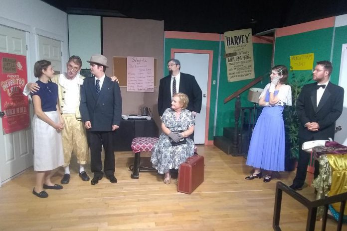 The cast of Lindsay Little Theatre's production of "Moon Over Buffalo" (left to right): Kaitlyn Thiodeau, Michael Chapman, Colin Dusome, Jeff Condon, Lorna Green, Shannon Peters Bain, and Michael Hart. Not pictured is Bonnie Kelly. (Photo: Sam Tweedle / kawarthaNOW.com)