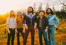 The Sheepdogs are Sam Corbett (drums, backing vocals), Shamus Currie (keyboards, trombone), Ewan Currie (vocals, guitars, clarinet, drums), Jimmy Bowskill (guitars, mandolin, fiddle, banjo, pedal steel), and Ryan Gullen (bass, backing vocals). (Publicity photo)