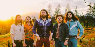 The Sheepdogs are Sam Corbett (drums, backing vocals), Shamus Currie (keyboards, trombone), Ewan Currie (vocals, guitars, clarinet, drums), Jimmy Bowskill (guitars, mandolin, fiddle, banjo, pedal steel), and Ryan Gullen (bass, backing vocals). (Publicity photo)