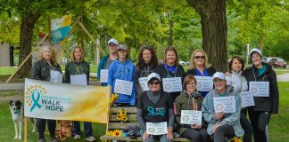 Teal Troopers, one of the top fundraising teams at the 2018 Ovarian Cancer Canada Walk of Hope in Peterborough. This year's walk talkes place on September 8, 2019 at Nichools Oval Park in Peterborough. The Ovarian Cancer Canada Walk of Hope is the only walk in Canada to direct all attention and fundraising towards helping women with ovarian cancer live fuller, better, and longer lives. (Photo courtesy of Marilyn Robinson)