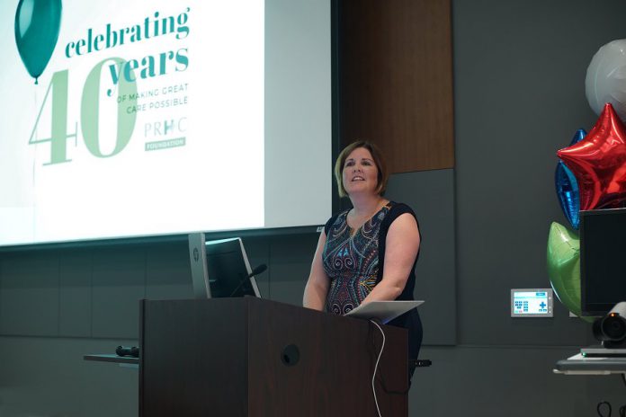  Peterborough Regional Health Centre (PRHC) Foundation President & CEO Lesley Heighway thanks donors at the Foundation's recent 40th anniversary celebration at the PRHC Learning Centre. (Photo: Bianca Nucaro / kawarthaNOW.com)