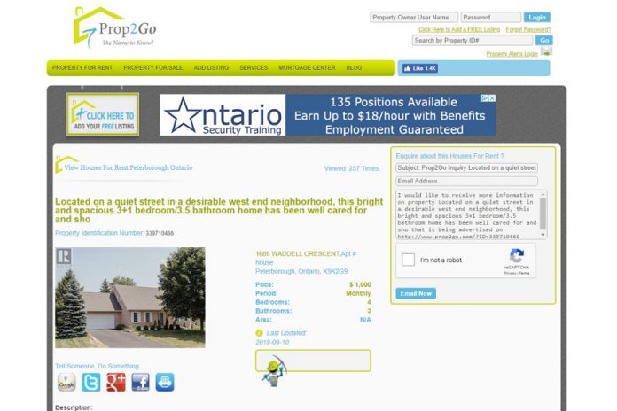 The fake rental listing on Prop2Go.com for Jennifer Moher's home. Prop2go.com is a website based out of Saint John, New Brunswick that allows users to upload apartment rental and real estate listings. Fraudulent listings have appeared on this website, as well as similar listing websites such as Craigslist and Kijii. Prop2go.com CEO Jason Richard has stated his company will remove fraudulent listings when they are notified of them. (Screenshot)
