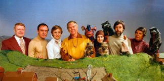 Rod Coneybeare (second from right), the puppeteer behind Jerome the Giraffe and Rusty the Roster on the long-running CBC children's program "The Friendly Giant", died in Lindsay on September 5, 2019 at the age of 89. (Photo: CBC Still Photo Collection)