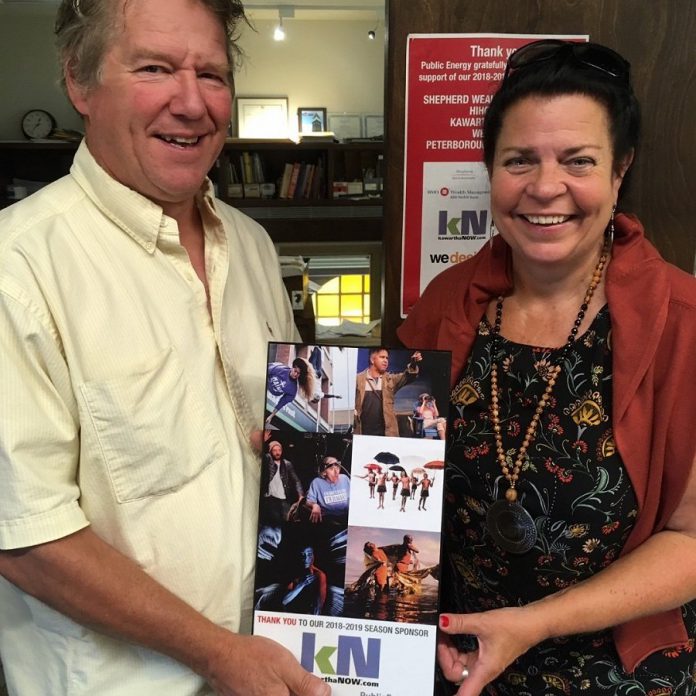 Jeannine Taylor, founder and publisher of online publication kawarthaNOW.com, accepts a plaque from  Public Energy executive director Bill Kimball in recognition of kawarthaNOW's sponsorship of the performing arts organization's 2018-19 season.  kawarthaNOW has a long history of supporting the local arts and music scene, dating back to the original Quidnovis.com website that provided an early, free online presence for several non-profit arts organizations. (Photo: Eva Fisher / Public Energy)