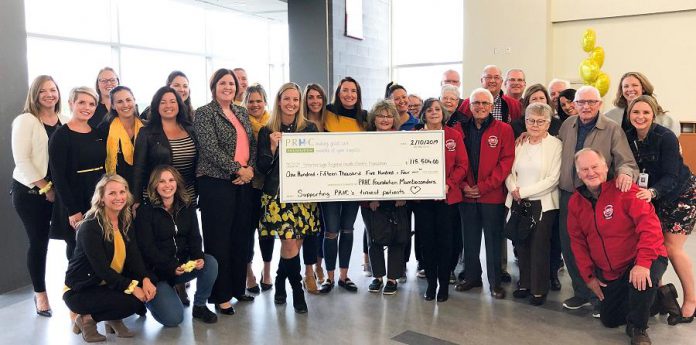 The Peterborough Regional Health Centre Foundation (PRHC) Mombassadors, a group of local mothers, with PRHC Foundation president and CEO Lesley Heighway (fifth from left) and representatives from the Liftlock Atom Hockey Tournament, which provided a matching donation of $32,000, allowing the Mombassadors to exceed their original fundraising goal.  (Photo courtesy of PRHC Foundation)
