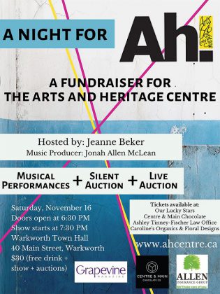 "A Night for Ah!" on November 16, 2019 is a fundraiser for the Arts and Heritage Centre of Warkworth. (Poster: Arts and Heritage Centre of Warkworth)