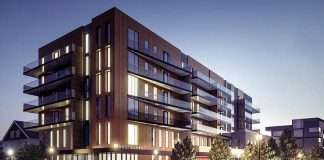 The first of four buildings Ashburnham Realty is proposing for a development in East City bordered by Hunter Street East, Rogers Street, Robinson Street, and Maria Street. The six-storey building fronting Hunter Street East east of the Rotary Greenway Trail will feature a restaurant on the ground floor, commercial tenants on the second floor, and apartments on the upper floors. It is the largest of the four buildings planned. (Rendering courtesy of Ashburnham Realty)