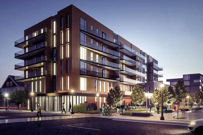 The first of four buildings Ashburnham Realty is proposing for a development in East City bordered by Hunter Street East, Rogers Street, Robinson Street, and Maria Street. The six-storey building fronting Hunter Street East east of the Rotary Greenway Trail will feature a restaurant on the ground floor, commercial tenants on the second floor, and apartments on the upper floors. It is the largest of the four buildings planned. (Rendering courtesy of Ashburnham Realty) The first of four buildings Ashburnham Realty is proposing for a development in East City bordered by Hunter Street East, Rogers Street, Robinson Street, and Maria Street. The six-storey building fronting Hunter Street East east of the Rotary Greenway Trail will feature a restaurant on the ground floor, commercial tenants on the second floor, and apartments on the upper floors. It is the largest of the four buildings planned. (Rendering courtesy of Ashburnham Realty)