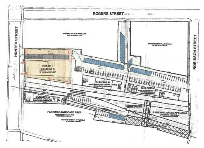 A drawing of the four buildings in the proposed development along the Rotary Greenway Trail between Hunter Street East and Robinson Street in East City. The drawing was part of an information package was distributed to area residents informing them of the October 24 information session.