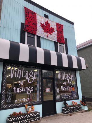 The hand-crafted poppy flag will remain on display  at Vintage on Hastings in Bancroft until after Remembrance Day. (Photo: Barb Shaw)