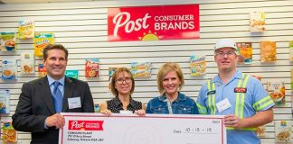 Northumberland Food for Thought community development coordinator Beth Kolisny and public health dietician Kimberly Leadbeater accept a cheque for $25,000 from Post Consumer Brands on October 15, 2019 in Cobourg. (Photo: Haliburton, Kawartha, Pine Ridge District Health Unit / Facebook)