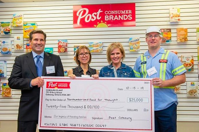 Northumberland Food for Thought community development coordinator Beth Kolisny and public health dietician Kimberly Leadbeater accept a cheque for $25,000 from Post Consumer Brands on October 15, 2019 in Cobourg. (Photo: Haliburton, Kawartha, Pine Ridge District Health Unit / Facebook)