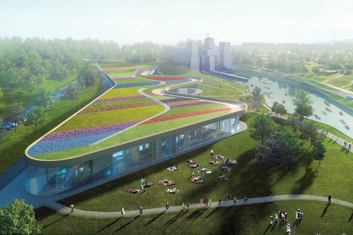 A conceptual rendering of the new Canadian Canoe Museum, an 85,000-square-foot facility to be built alongside the Peterborough Lift Lock on the Trent-Severn Waterway. (Illustration: Heneghan Peng and Kearns Mancini Architects)