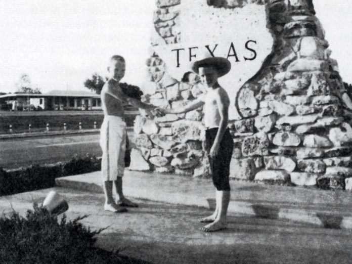 DeNureTours was founded in 1960 by Lindsay residents Fred and Dorothy DeNure, and continues to be owned and operated by the DeNure family. Pictured is Ray DeNure shaking hands with his brother Steve in 1968 at the Texas border.  Ray DeNure took over management of the tour agency in 1985 from his parents. (Photo courtesy of DeNureTours)