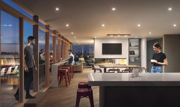 The eighth-floor amenity space at East City Condos is an indoor/outdoor gathering space featuring lots of room for both sit-down dining and comfortable lounging and breathtaking views of East City. (Rendering courtesy of TVM Group)