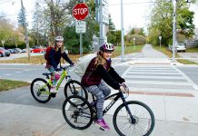 Children ride their bikes at the Rotary Greenway Trail at Douro Street in Peterborough's East City. Current cycling stats in Peterborough reflect that there are great opportunities to improve equity for groups like children and women in cycling. Women represent less than one third of cyclists in Peterborough, and less than two per cent of students in Peterborough use bikes to get to and from school. (Photo courtesy of GreenUP)