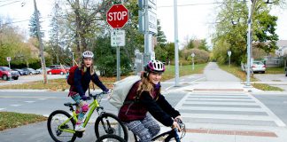 Children ride their bikes at the Rotary Greenway Trail at Douro Street in Peterborough's East City. Current cycling stats in Peterborough reflect that there are great opportunities to improve equity for groups like children and women in cycling. Women represent less than one third of cyclists in Peterborough, and less than two per cent of students in Peterborough use bikes to get to and from school. (Photo courtesy of GreenUP)