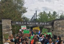 Following the Global Climate Action Day in Peterborough on September 27, 2019, a group of young people leave the appropriately named Millennium Park en route to the campaign offices of local candidates in the 2019 federal election. Millennials are now the largest voting block in Canada and, inspired by teenage climate activists like Greta Thunberg and Autumn Peltier, consider climate change a key issue in this election. (Photo courtesy of GreenUP)