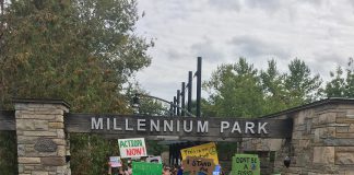 Following the Global Climate Action Day in Peterborough on September 27, 2019, a group of young people leave the appropriately named Millennium Park en route to the campaign offices of local candidates in the 2019 federal election. Millennials are now the largest voting block in Canada and, inspired by teenage climate activists like Greta Thunberg and Autumn Peltier, consider climate change a key issue in this election. (Photo courtesy of GreenUP)