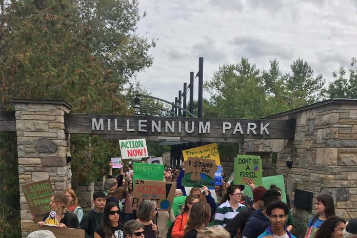 Following the Global Climate Action Day in Peterborough on September 27, 2019, a group of young people leave the appropriately named Millennium Park en route to the campaign offices of local candidates in the 2019 federal election. Millennials are now the largest voting block in Canada and, inspired by teenage climate activists like Greta Thunberg and Autumn Peltier, consider climate change a key issue in this election. (Photo courtesy of GreenUP)