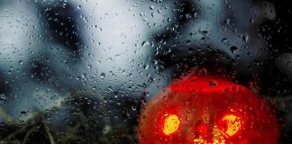 Halloween pumpkin in the rain