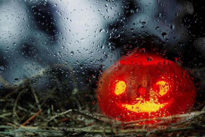 Halloween pumpkin in the rain