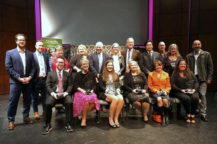 The recipients of the Kawartha Chamber of Commerce & Tourism's 20th annual Awards of Excellence, including Nightingale Nursing president and CEO Sally Harding (front row, third from right). The awards were presented at an event in the Bryan Jones Theatre at Lakefield College School on October 10, 2019. (Photo: Kawartha Chamber / Facebook)