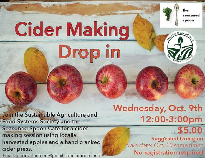 Drop in any time during the Cider Making Drop-in on Wednesday, October 9th from 12 to 3 p.m. (Graphic courtesy of Seasoned Spoon Cafe)