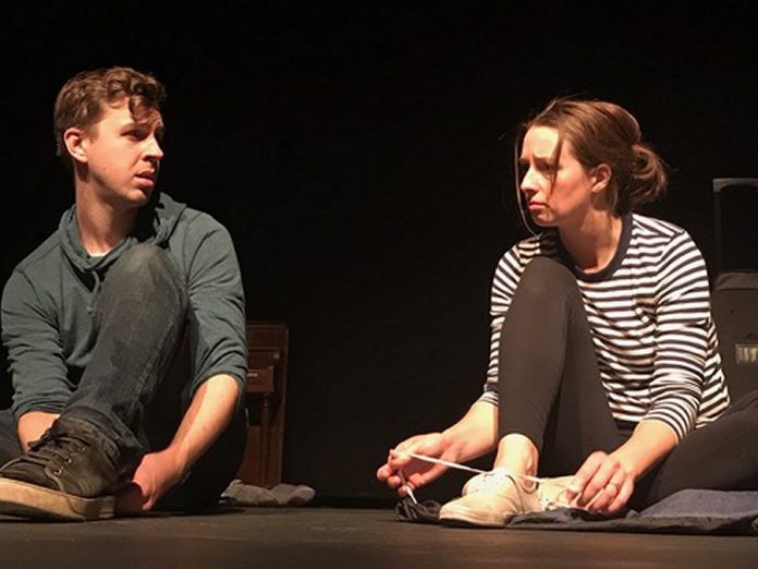 Chris Whidden and Peyton Le Barr as adopted siblings Aaron and Claire during a rehearsal for the Peterborough Theatre Guild's production of "Little One" by Hannah Moscovitch. Directed by Lee Bolton, the one-act play is a dark family drama that raises complex questions about good intentions, irreversible damage, and the nature of love. It runs for five performances from October 16 to 19, 2019. (Photo courtesy of Lee Bolton)