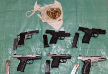 Police found these six handguns conealed in a hidden compartment in a car driven by one of the 11 people arrested after a joint police force investigation resulted in 13 search warrants being executed on October 30, 2019 in several communities in and around the Kawarthas. Police also seized significant quantities of drugs, cash, and other weapons. (Supplied photo)