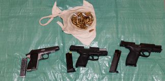 Police found these six handguns conealed in a hidden compartment in a car driven by one of the 11 people arrested after a joint police force investigation resulted in 13 search warrants being executed on October 30, 2019 in several communities in and around the Kawarthas. Police also seized significant quantities of drugs, cash, and other weapons. (Supplied photo)