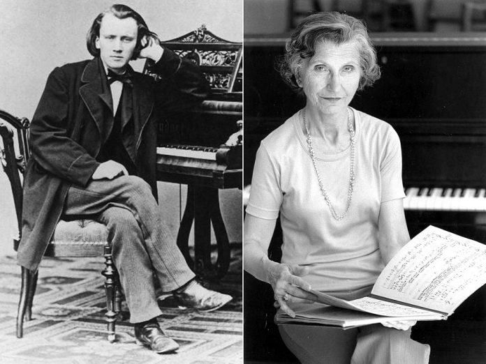 Composers Johannes Brahms and  Violet Archer. At "Between Us" at Showplace Performance Centre on November 2, 2019, the Peterborough Symphony Orchestra will perform Brahms' "Violin Concerto in D major" and Archer's "Fanfare and passacaglia". 