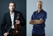 Canadian violin virtuoso Jonathan Crow (left) will perform Johannes Brahms' epic "Violin Concerto in D major" at the inaugural concert of the Peterborough Symphony Orchestra's 2019-20 season at Showplace Performance Centre in downtown Peterborough on November 2, 2019. Concert narrator, musician, and CBC Music host Tom Allen (right) will speak about the relationships between composers Robert Schumann, Clara Schumann, and Johannes Brahms, creating a concert experience that goes beyond the music. (Publicity photos)