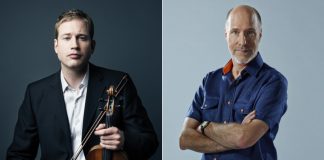 Canadian violin virtuoso Jonathan Crow (left) will perform Johannes Brahms' epic "Violin Concerto in D major" at the inaugural concert of the Peterborough Symphony Orchestra's 2019-20 season at Showplace Performance Centre in downtown Peterborough on November 2, 2019. Concert narrator, musician, and CBC Music host Tom Allen (right) will speak about the relationships between composers Robert Schumann, Clara Schumann, and Johannes Brahms, creating a concert experience that goes beyond the music. (Publicity photos)