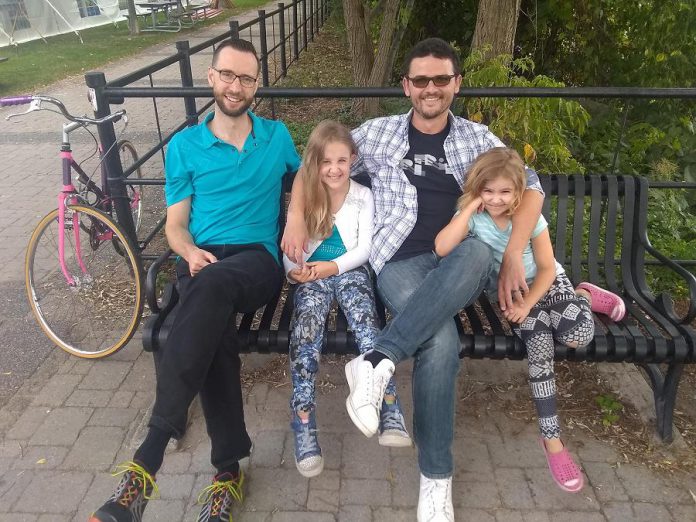 "The Basement Monster" filmmakers Brendan Fell (left) and Michael Hayes with his daughters Zoe and Emma, who perform the lead roles in the family-friendly film. (Photo: Sam Tweedle / kawarthaNOW.com