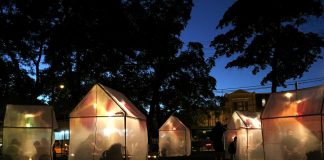 "Trophy" is a free outdoor art installation where audience members visit illuminated tents to listen as storytellers share their true stories of life-changing moments of change and transformation. Presented by Public Energy Performing Arts, "Trophy" takes place on October 4 and 5, 2019, at Fleming Park in downtown Peterborough. (Photo: Allison O'Connor)