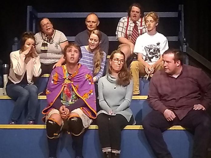 Three volunteers from the audience join the actors on stage in a scene from the Peterborough Theatre Guild's production of "The 25th Annual Putnam County Spelling Bee".  (Photo: Sam Tweedle / kawarthaNOW.com)