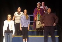 The contestants of the Peterborough Theatre Guild's production of "The 25th Annual Putnam County Spelling Bee", running November 8th to 23rd at the Guild Hall in Peterborough. From left to right: Gillian Kunza as Olive, Meg O'Sullivan as Logainne, Kristen McConnell as Marcy, Andrew Little as Leaf, Rowan Lamoureux as William, and Will Smith as Chip. (Photo: Sam Tweedle / kawarthaNOW.com)
