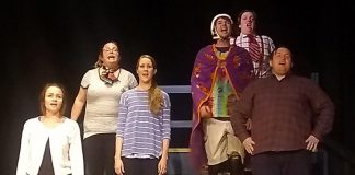 The contestants of the Peterborough Theatre Guild's production of "The 25th Annual Putnam County Spelling Bee", running November 8th to 23rd at the Guild Hall in Peterborough. From left to right: Gillian Kunza as Olive, Meg O'Sullivan as Logainne, Kristen McConnell as Marcy, Andrew Little as Leaf, Rowan Lamoureux as William, and Will Smith as Chip. (Photo: Sam Tweedle / kawarthaNOW.com)