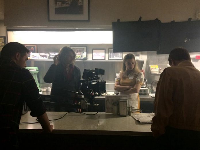 "Apple Pie, Ice Cream" director Jamie Oxenham sets up a shot with actors Marsala Lukianchuk, Terry Convey, and Michael Valliant-Saunders. (Photo courtesy of Wyatt Lamoureux)