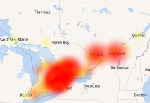 A map at the website downdetector.ca shows the extent of the Bell service outage on November 9, 2019 based on customer reports. (Map: downdetector.ca)