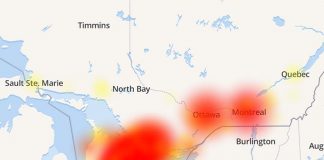 A map at the website downdetector.ca shows the extent of the Bell service outage on November 9, 2019 based on customer reports. (Map: downdetector.ca)