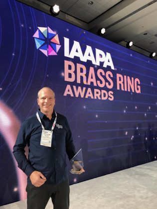   Treetop Trekking president Stéphane Vachon after receiving the Best New Kids Attraction award from the International Association for Amusement Parks and Attractions, in Orlando Florida on November 20, 2019. (Photo: Jamie Hesser)