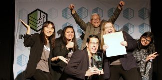 Members of the Enactus Fleming College team behind Paper Plant Project (with Fleming College professor of business studies and lead Enactus faculty advisor Raymond Yip Choy at the back) celebrating their win of the grand prize at the fifth annual Cubs' Lair entrepreneurship competition, held on November 21, 2019 at the Gordon Best Theatre in downtown Peterborough. This is the third prize since September for the Paper Plant Project, a social enterprise that produces paper planters from recycled paper waste as educative kits for schools to promote biodegradable practices. (Photo courtesy of Innovation Cluster)