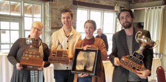 The Peterborough Theatre Guild's production of "Little One" picked up four awards at the Eastern Ontario Drama League's annual fall One Act Festival, held in Perth from November 8th to 10th. Pictured after the awards luncheon at Code's Mill on the Park in Perth are Lee Bolton (director) with the Best Director Award, Chris Whidden (Aaron) with his Acting Award, Peyton Le Barr (Claire) with her Acting Award, and Quin White (stage manager) with the Best Production Award. An encore performance of "Little One" takes place at the Guild Hall in Peterborough on November 28, 2019. (Photo courtesy of Peterborough Theatre Guild)