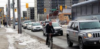 Winter weather gets us thinking about road safety again. There are many behaviours we adopt to keep each other safe on the streets, but there are also ways that road design can keep us safe, and it turns out that the safety benefits of adding bike infrastructure are better for all road users. (Photo: GreenUP)